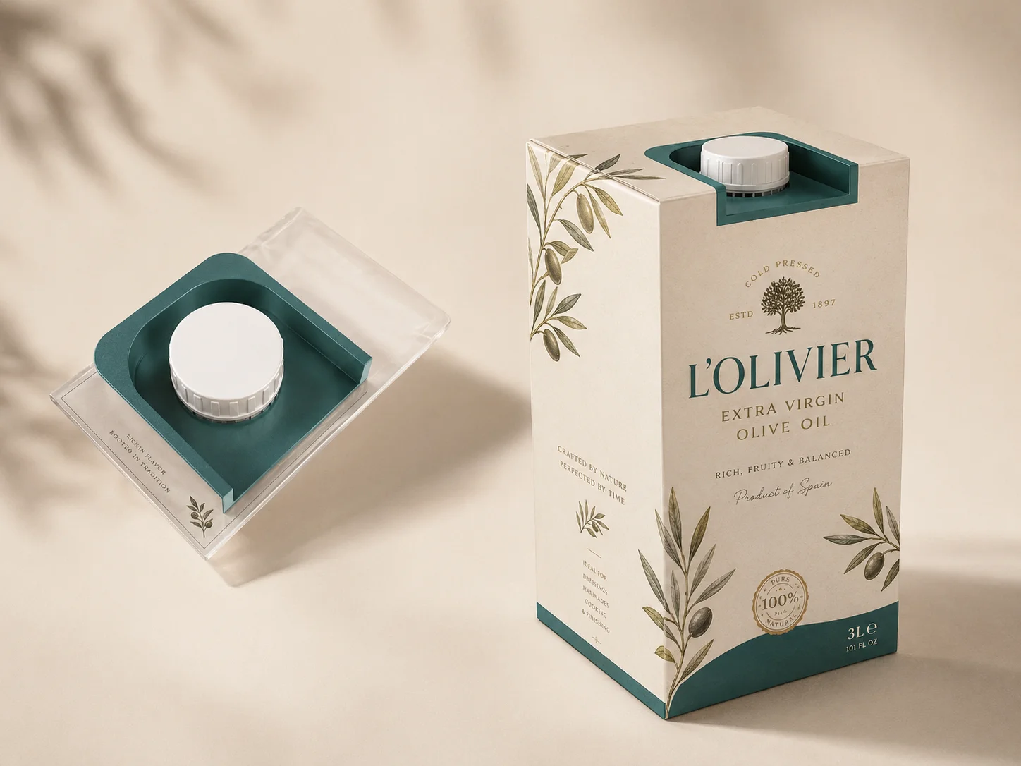 Jerribox personalizado para aceite de oliva junto a su bolsa interior flexible